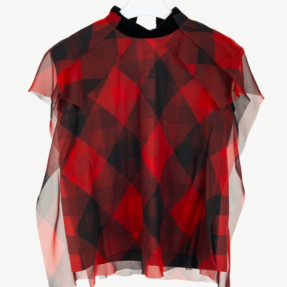 Sacai R/22 Red & Black Buffalo-Plaid Chiffon Blouse - Picture 2 of 10